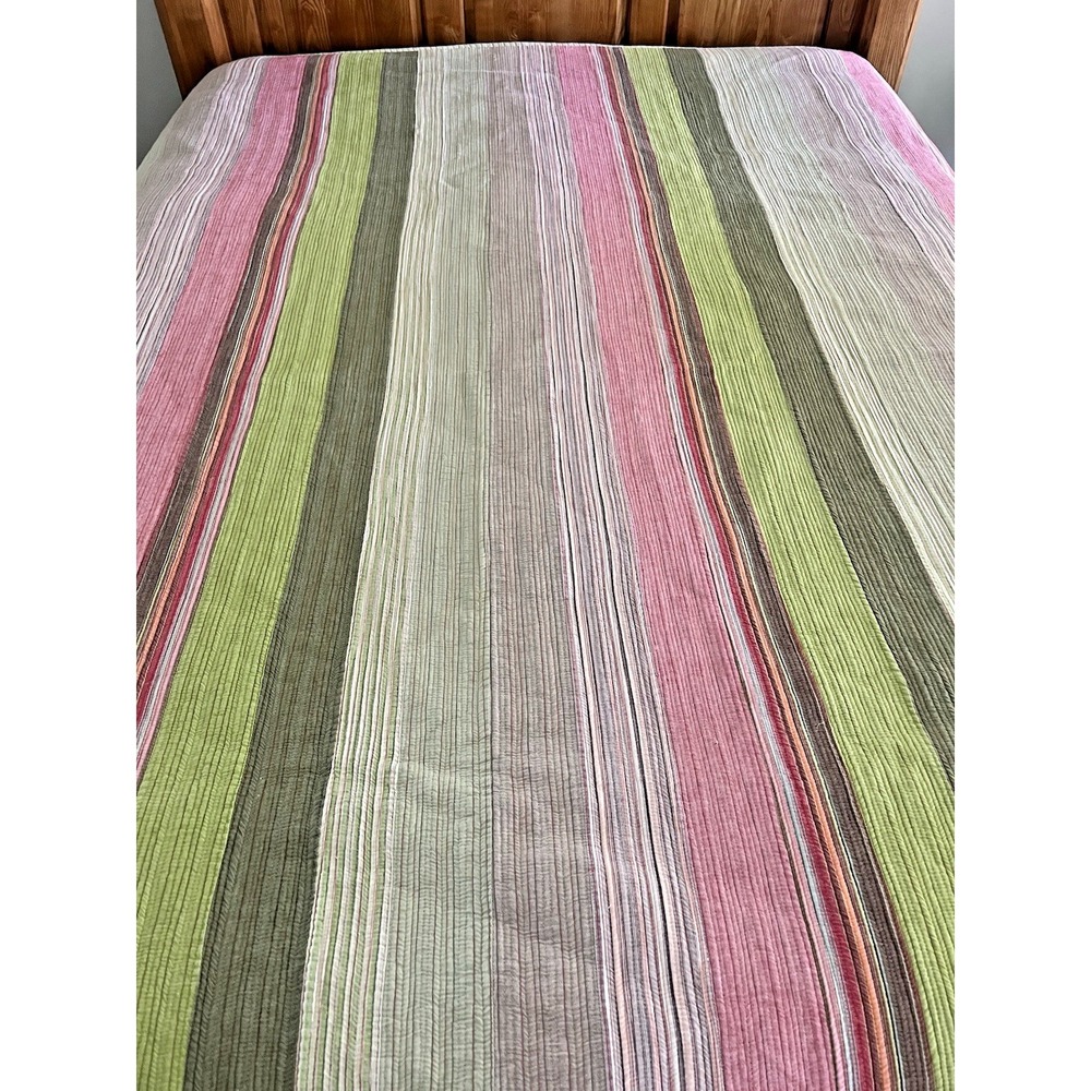 The Company Store Full Queen Coverlet Bedspread Blanket Pink Green Gray Stripe